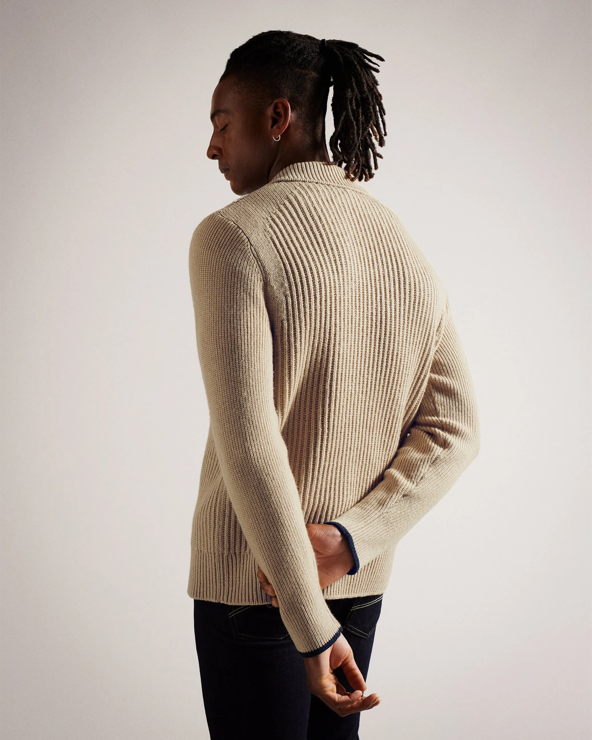 Ademy Ribbed Knit Polo Neck Jumper Taupe