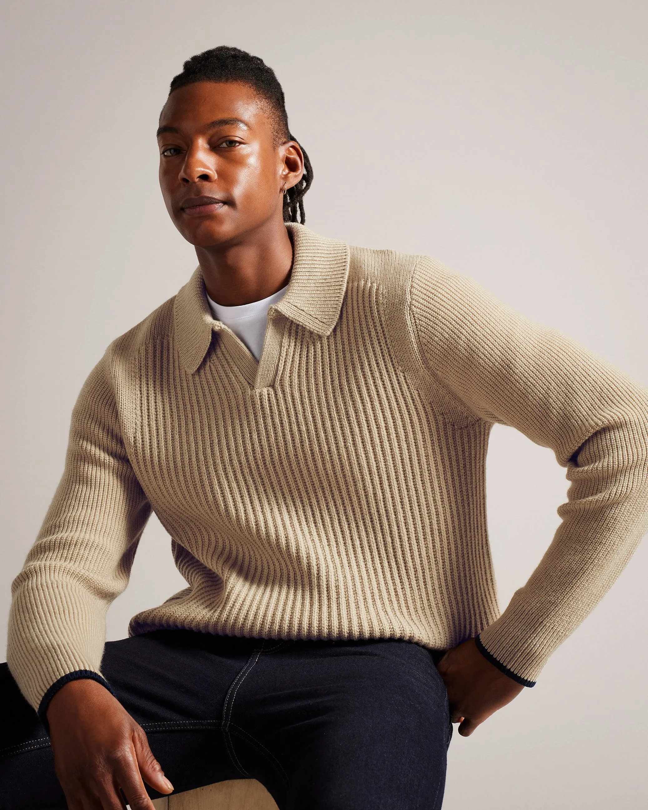 Ademy Ribbed Knit Polo Neck Jumper Taupe