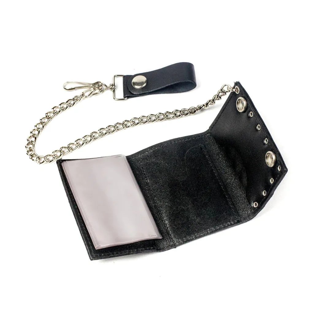 Black Leather Tri-Fold Wallet w/ Flat Silver Studs