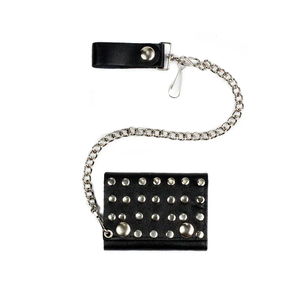 Black Leather Tri-Fold Wallet w/ Flat Silver Studs