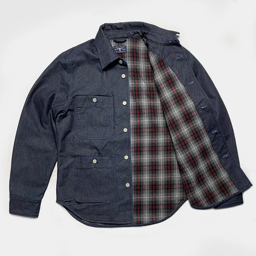 BZEN M.3031 LARRY-I REGULAR FIT MULTI POCKET WOOL BLEND PLAID LINED DENIM SHIRT JACKET-11.5OZ-E1 INDIGO