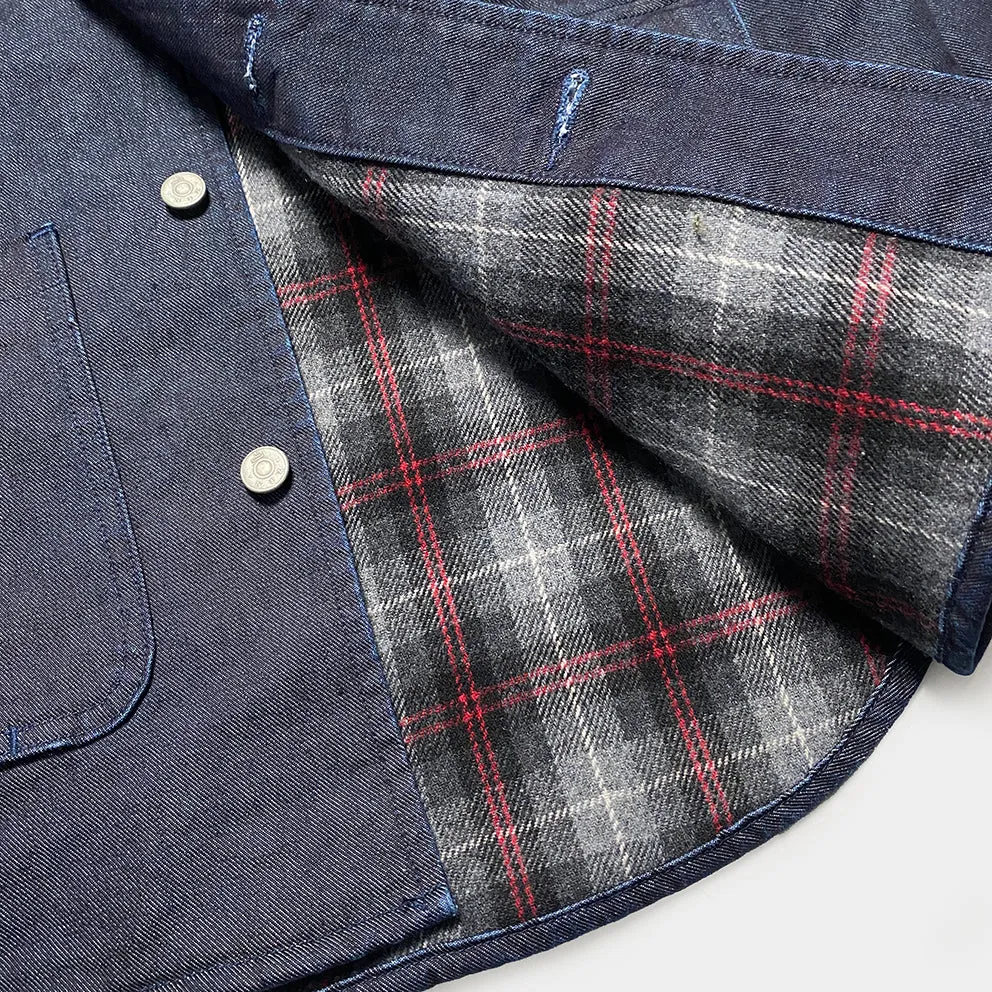 BZEN M.3031 LARRY-I REGULAR FIT MULTI POCKET WOOL BLEND PLAID LINED DENIM SHIRT JACKET-11.5OZ-E1 INDIGO