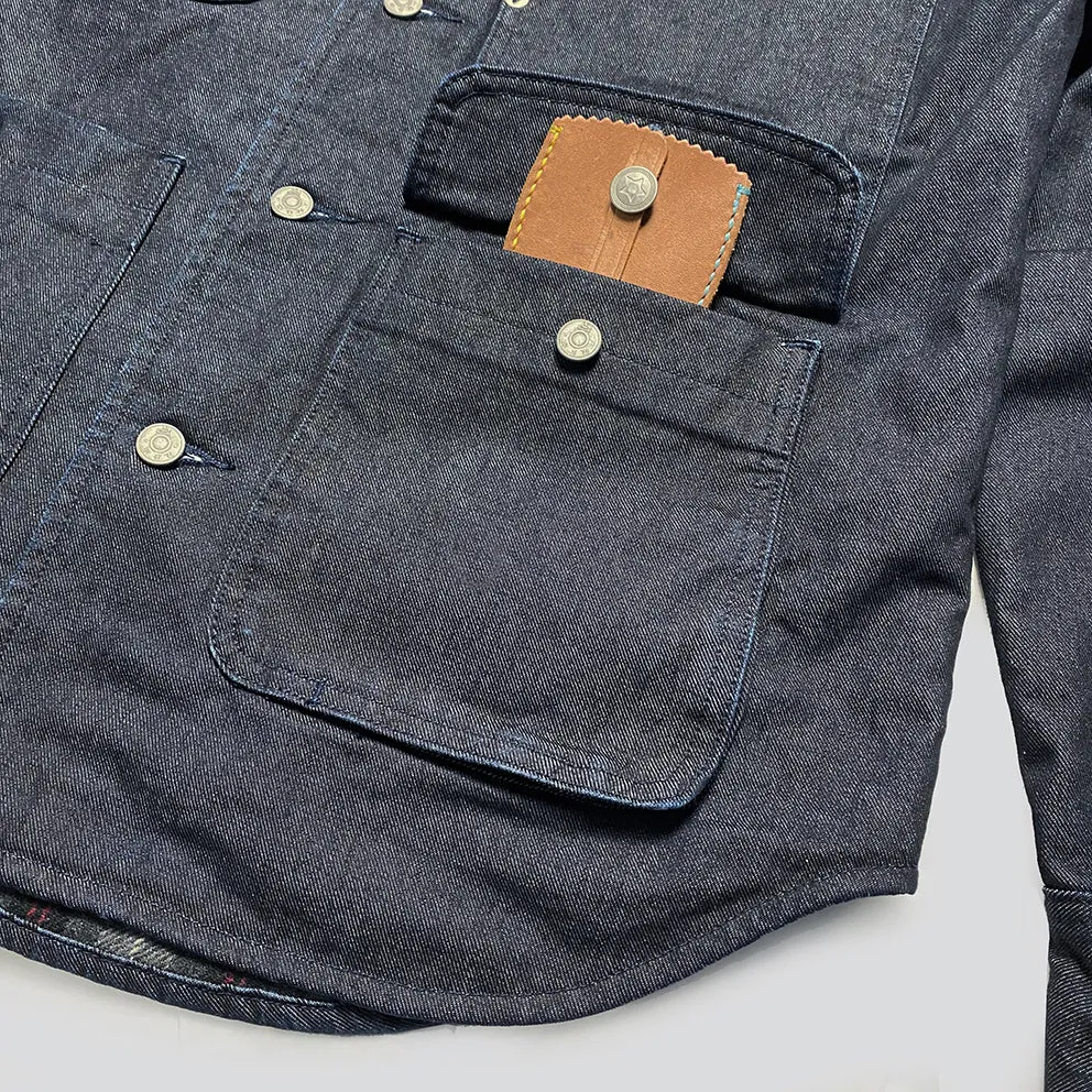 BZEN M.3031 LARRY-I REGULAR FIT MULTI POCKET WOOL BLEND PLAID LINED DENIM SHIRT JACKET-11.5OZ-E1 INDIGO