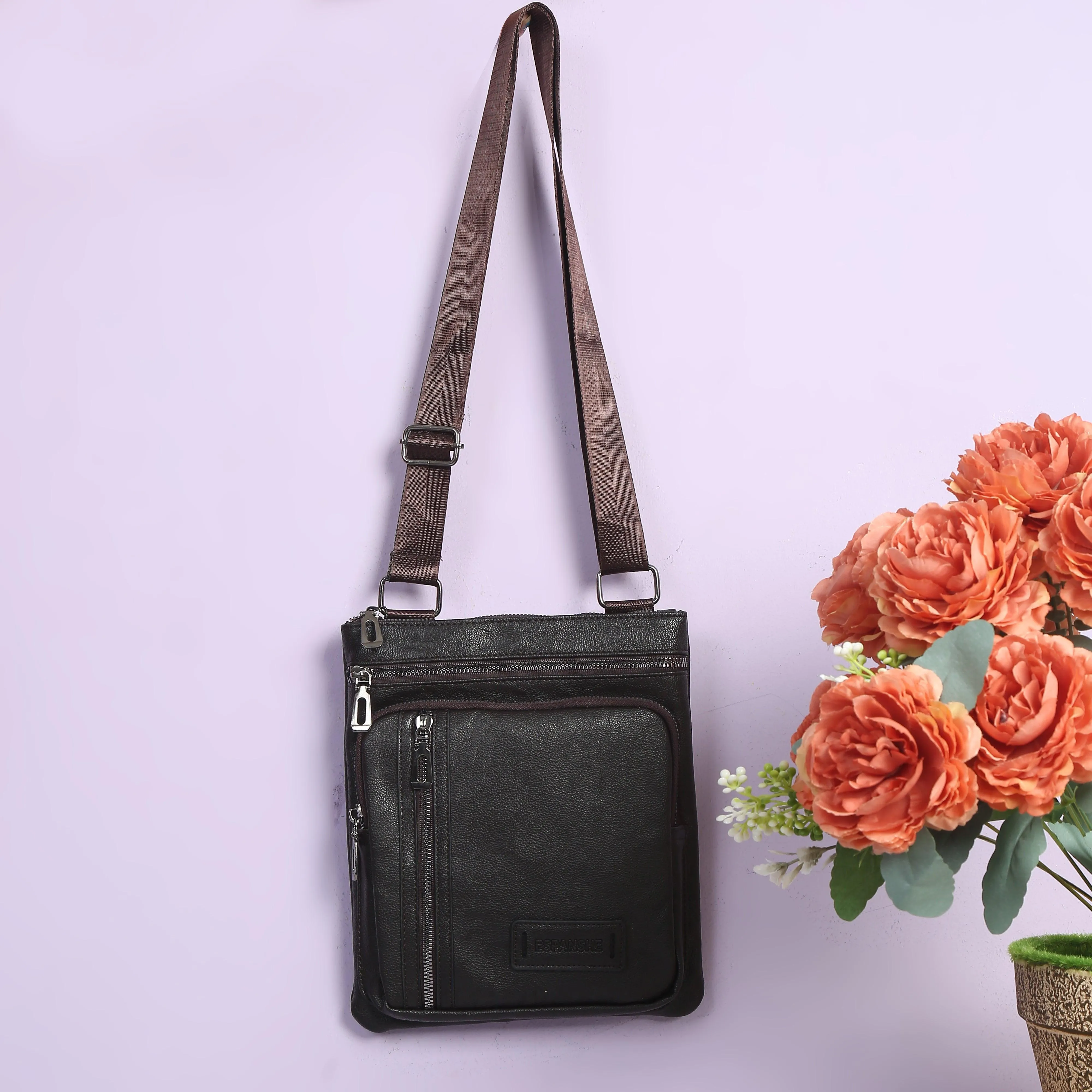 Cross Body Leather Messenger Bag - Brown
