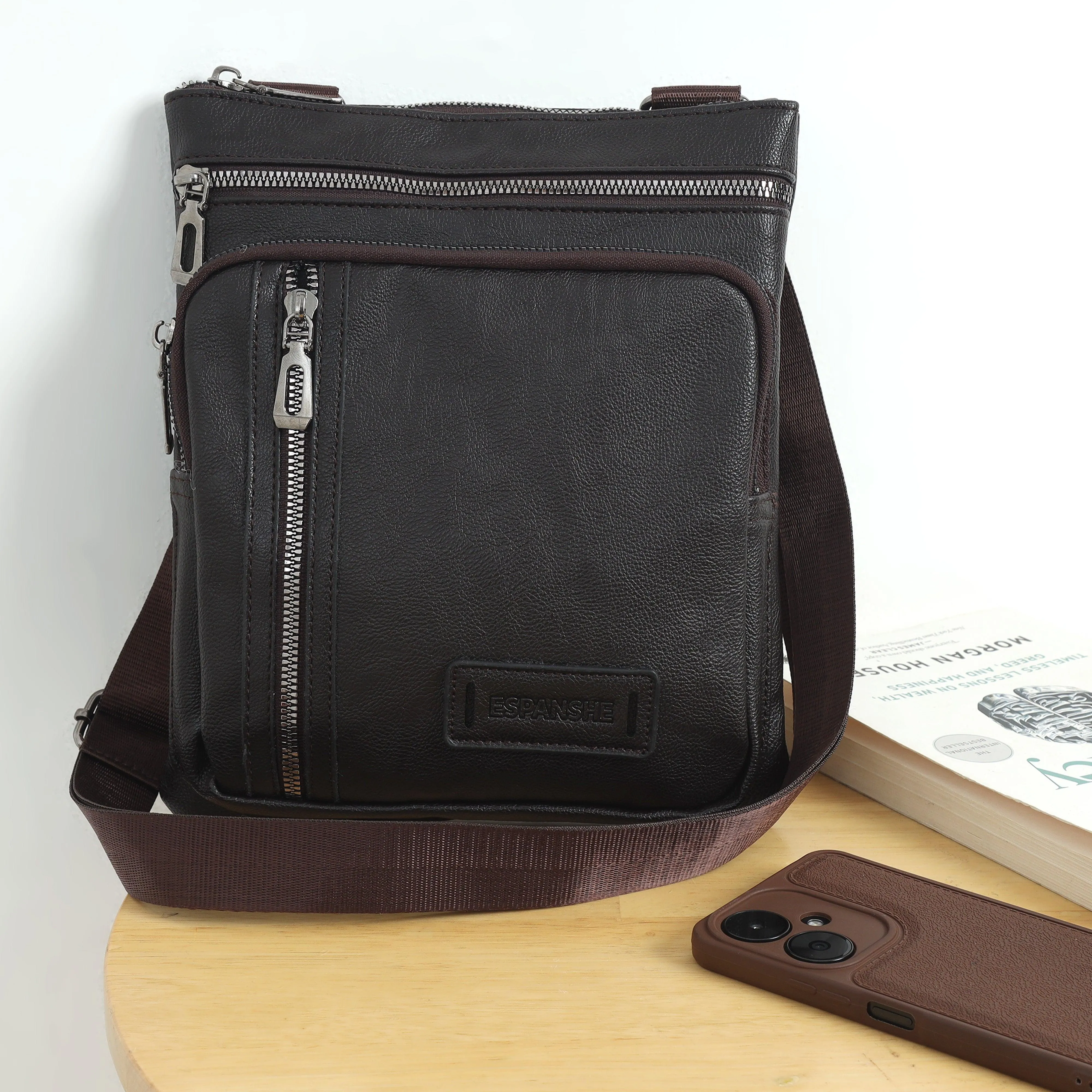 Cross Body Leather Messenger Bag - Brown