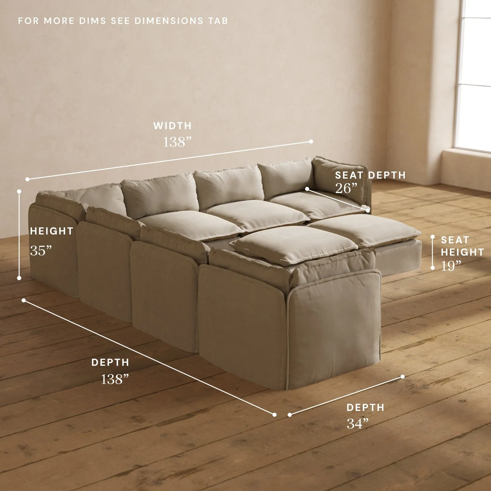 Modular Performance 7-Seater Corner Sectional   Bench Ottoman in Dune | Deluxe Blend