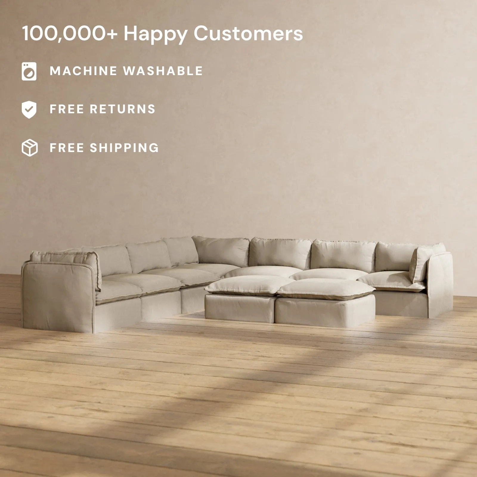 Modular Performance 7-Seater Corner Sectional   Bench Ottoman in Dune | Deluxe Blend