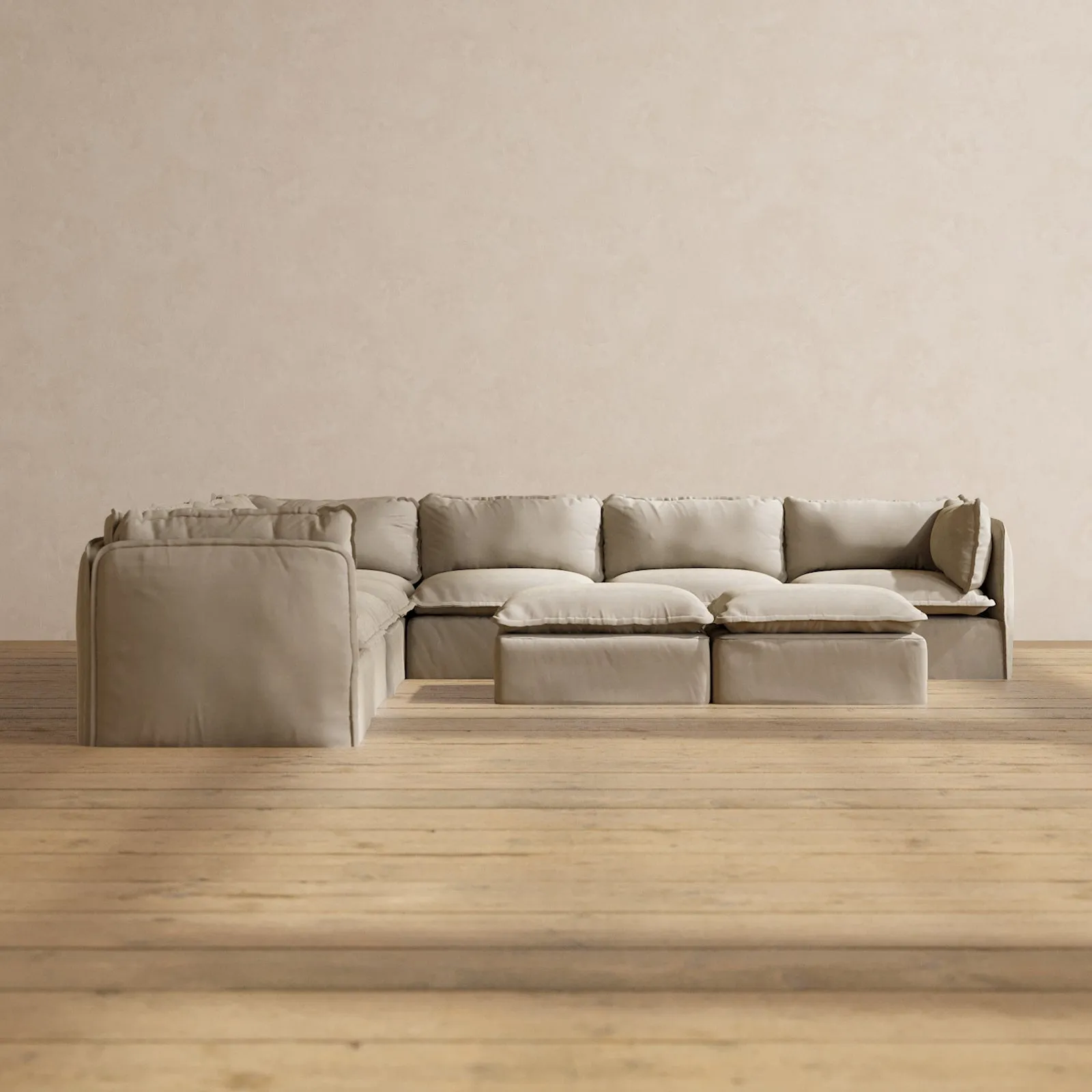 Modular Performance 7-Seater Corner Sectional   Bench Ottoman in Dune | Deluxe Blend