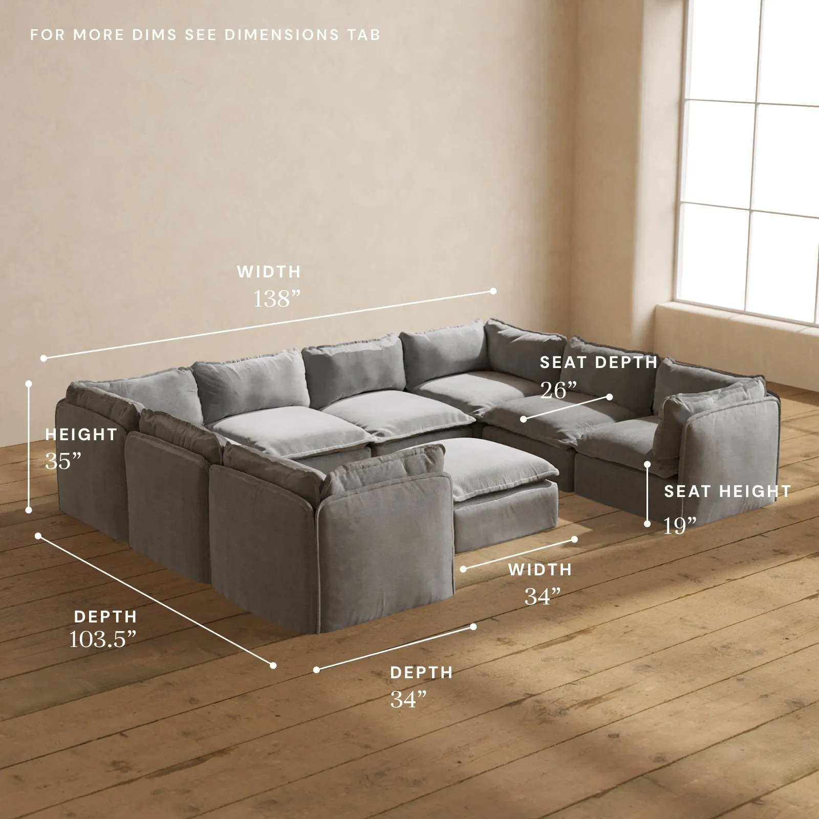 Modular Performance 8-Seater U-Sectional   Ottoman in Ash | Relaxed Blend