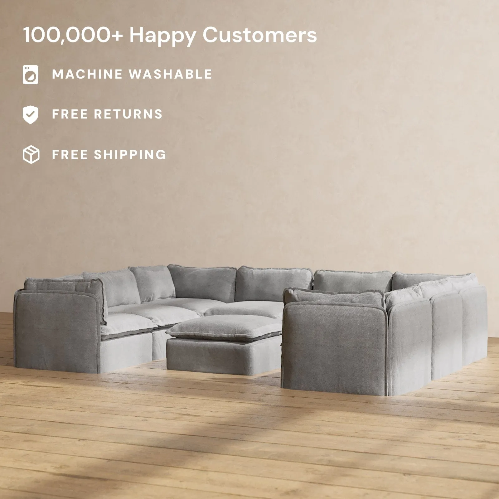 Modular Performance 8-Seater U-Sectional   Ottoman in Ash | Relaxed Blend