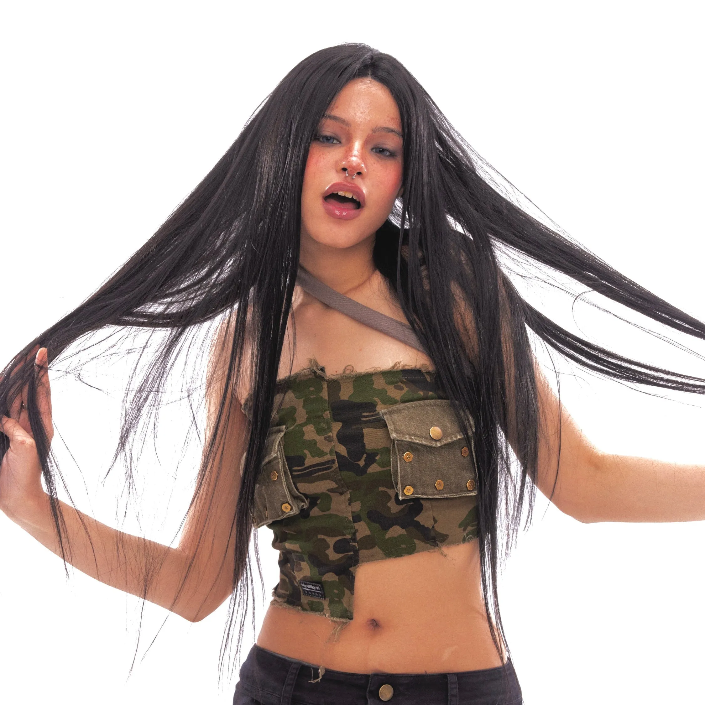 Washed Multi-Pocket Asymmetric Camouflage Bandeau