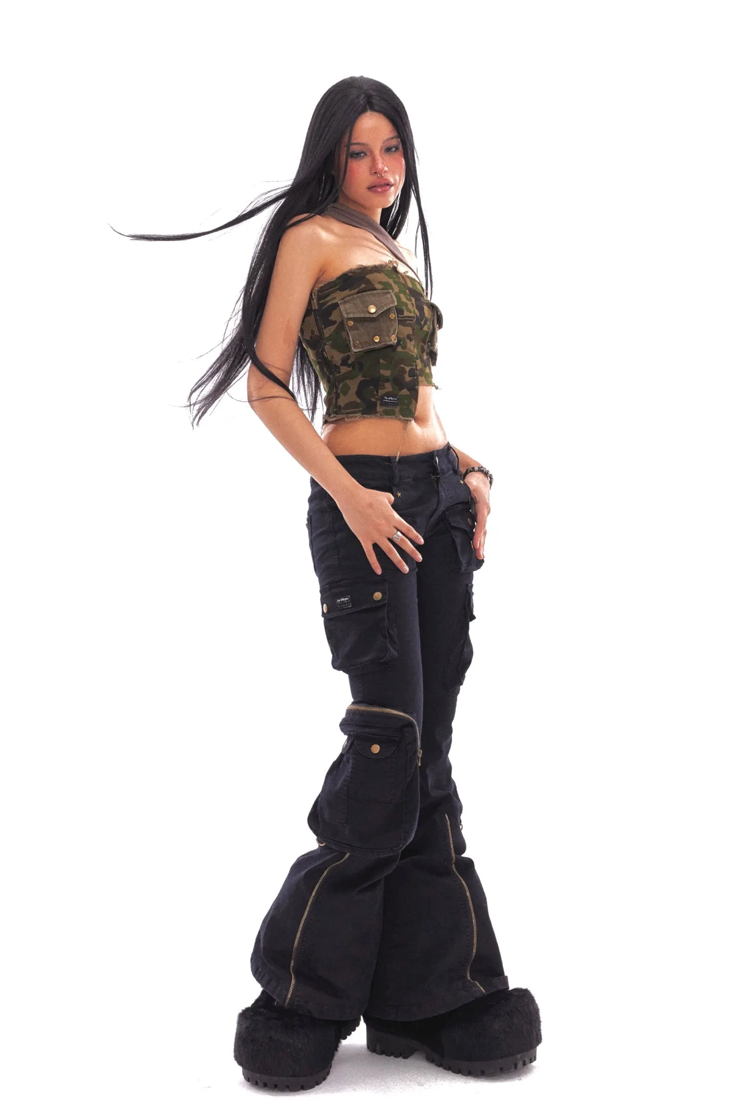 Washed Multi-Pocket Asymmetric Camouflage Bandeau