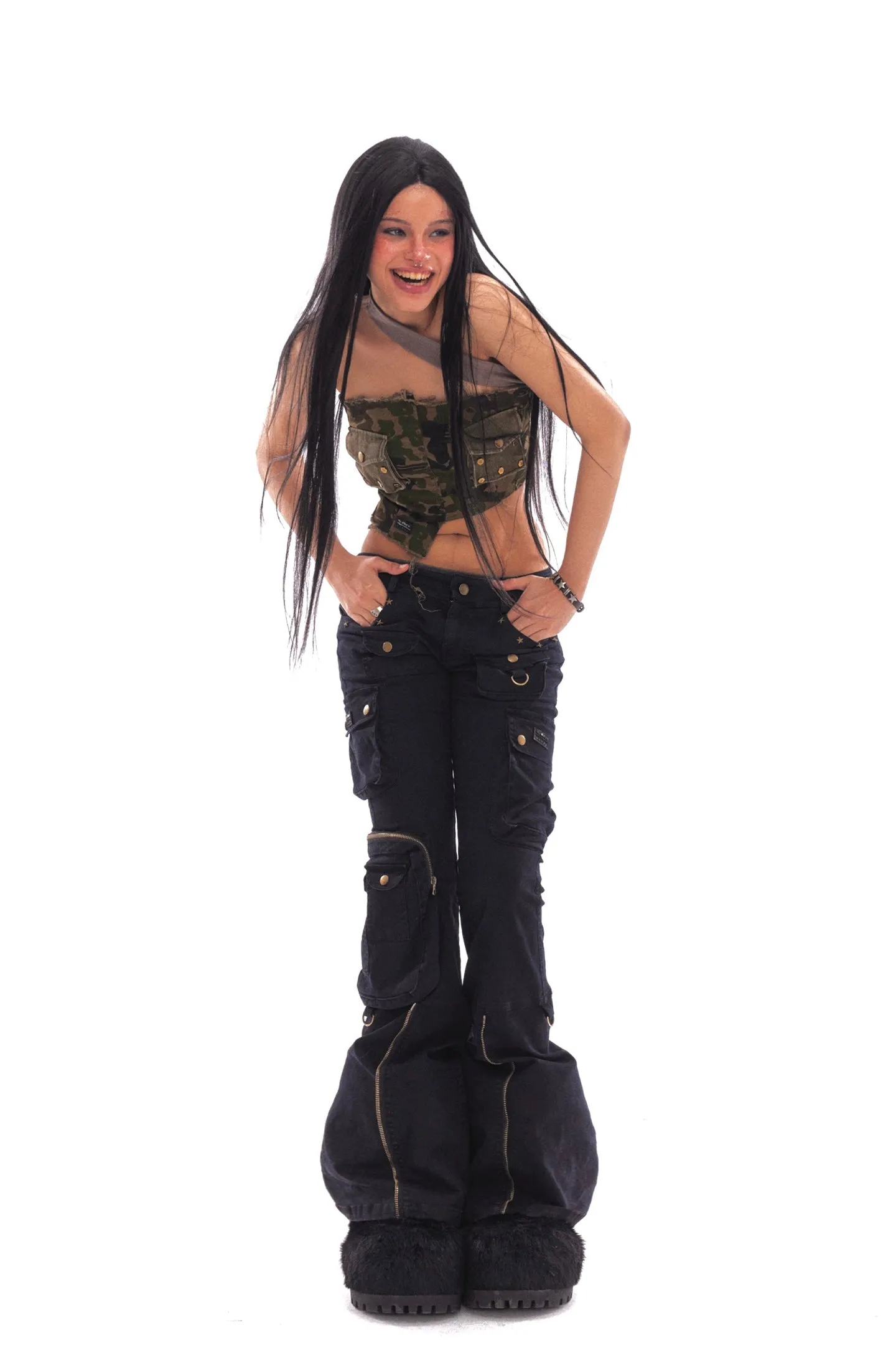 Washed Multi-Pocket Asymmetric Camouflage Bandeau