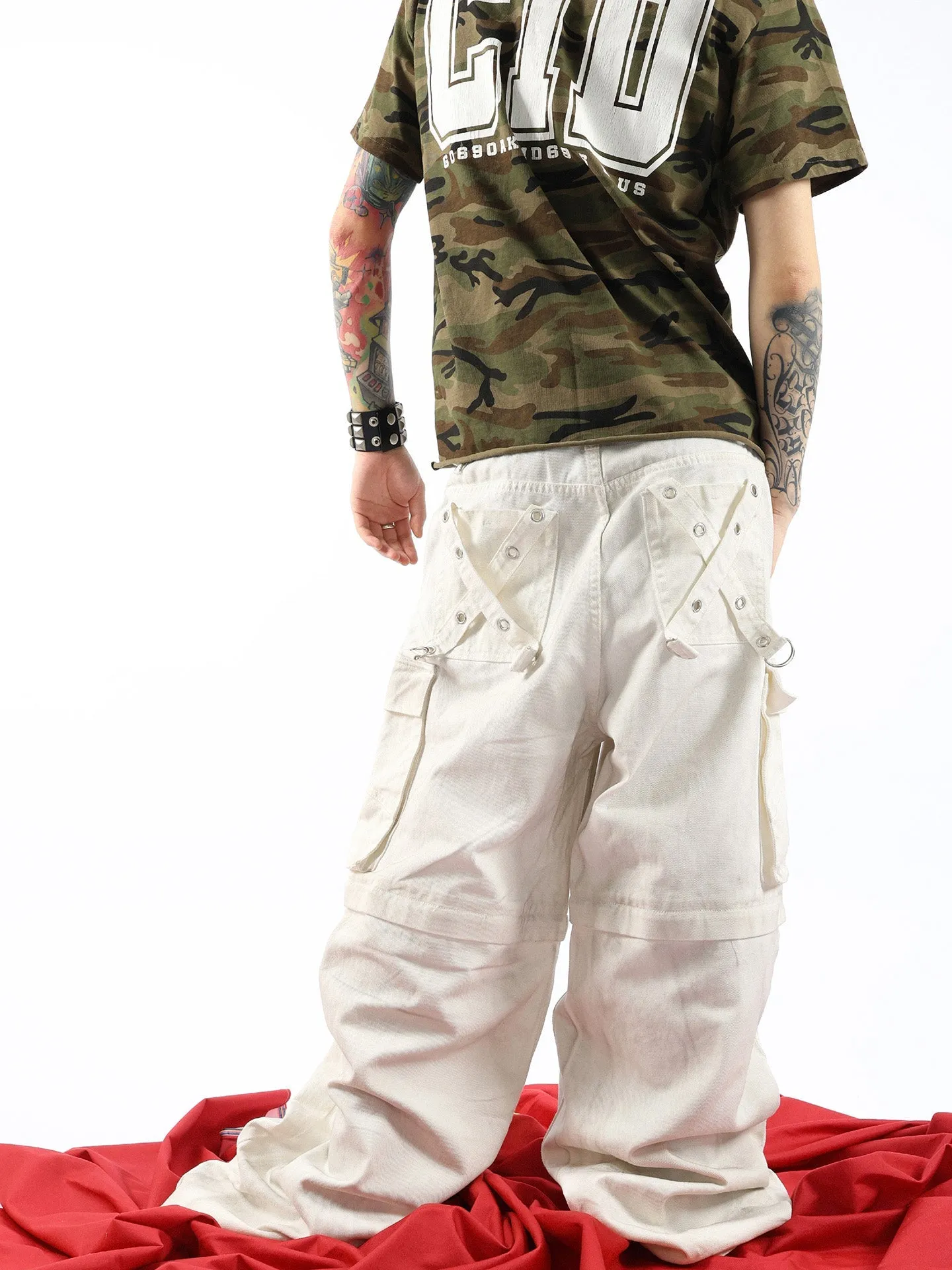 White Distressed Dirty Multi-pocket Detachable Jeans